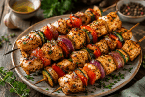 Marinierte Hähnchenspieße mit Paprika, Zwiebeln und Zucchini vom Grill – gesundes High Protein Rezept zum Abnehmen ohne Verzicht 