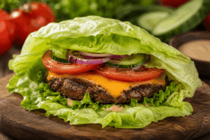 Protein Burger ohne Brötchen mit Rinderpatty, Käse, Tomaten, Gurken und Eisbergsalat – eiweißreiches Low Carb Rezept zum Abnehmen ohne Verzicht 
