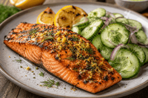 Gegrillter Lachs mit Zitronenkruste und frischem Gurkensalat – gesundes High Protein Rezept mit Omega 3 Fettsäuren zum Abnehmen ohne Verzicht