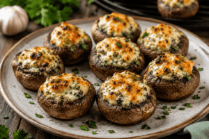 Gefüllte Champignons mit Frischkäse, Kräutern und überbackenem Käse vom Grill – cremiges Low Carb Rezept mit viel Eiweiß und wenig Kohlenhydraten