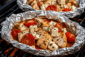 Hähnchen Feta Päckchen mit Hähnchenbrust, Tomaten und Feta vom Grill – eiweißreiches Low Carb Rezept für eine gesunde und sättigende Mahlzeit ohne Verzicht 