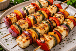 Halloumi Gemüse Spieße mit gegrilltem Halloumi, Paprika, Zucchini und roten Zwiebeln – vegetarisches High Protein Grillrezept mit viel Geschmack und wenig Kohlenhydraten 