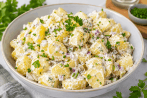 Protein Kartoffelsalat mit Skyr, Kartoffeln, Gurken und roten Zwiebeln – leichte eiweißreiche Beilage mit weniger Kalorien und cremigem Geschmack für gesundes Grillen ohne Verzicht 