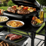 10 gesunde Grillrezepte zum Abnehmen ohne Verzicht Grilltisch mit gesunden Grillgerichten wie Hähnchen, Garnelenspießen, Halloumi Gemüse Spießen, Protein Kartoffelsalat, gegrillter Ananas und frischem Grillgemüse für einen gesunden Grillabend zum Abnehmen ohne Verzicht