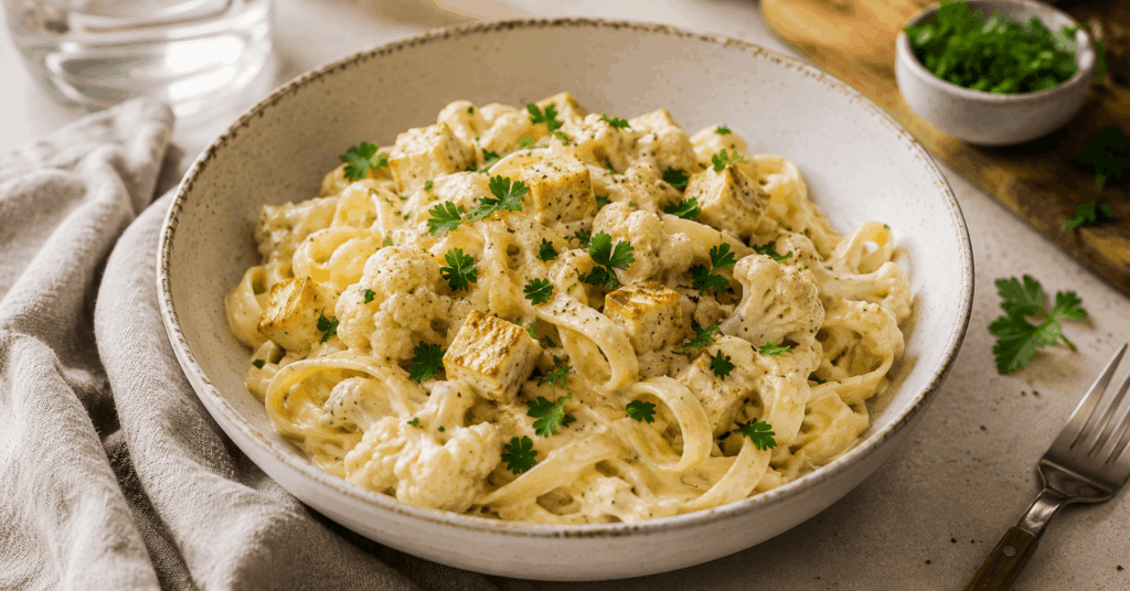 Cremige High Protein Bandnudeln mit Blumenkohl und Tofu